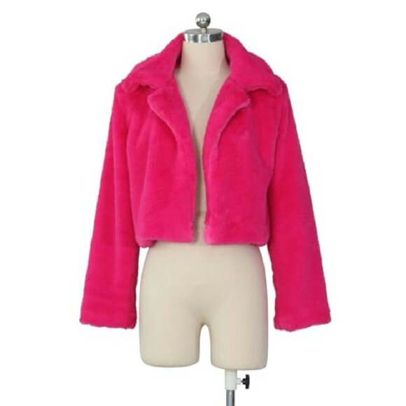 Cropped Faux Fur Jacket Lapel Collar Open Front Fluffy Coat - Picture 7 of 8